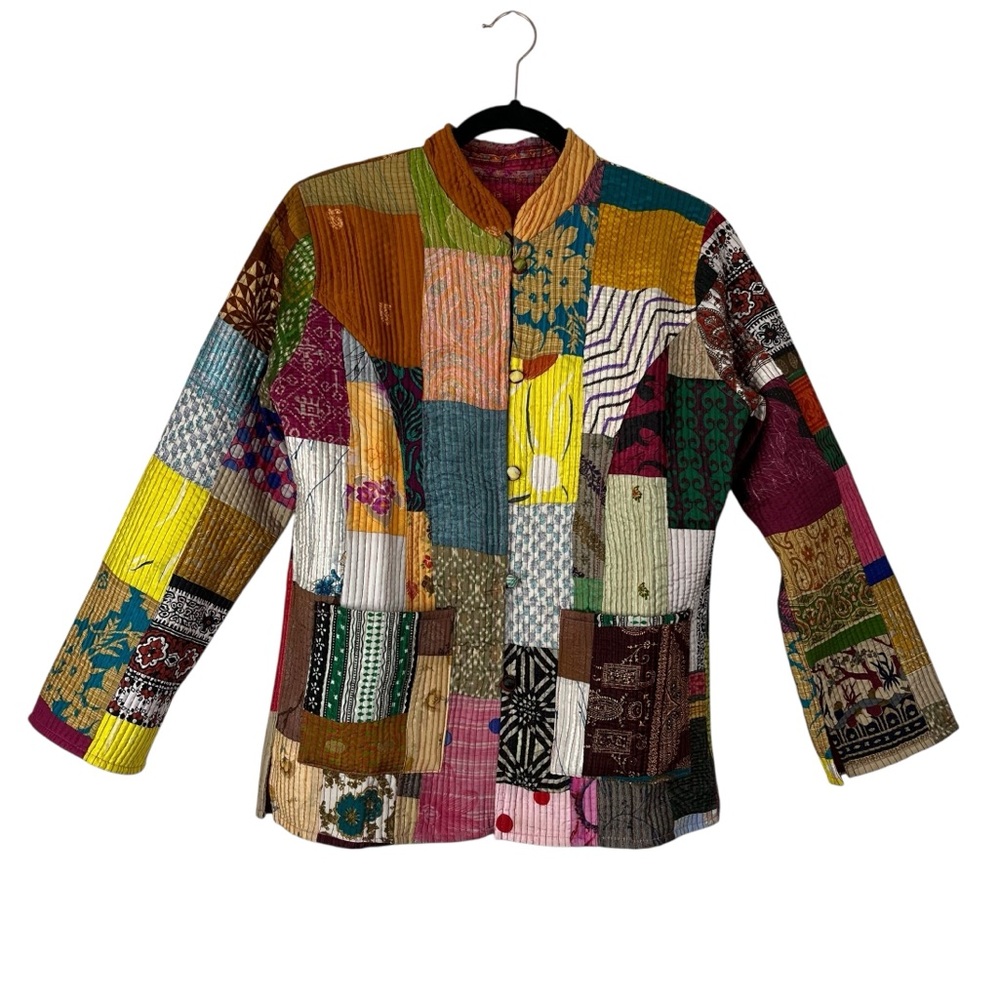 Like New Boho Indian Kantha Quilted Patchwork Silky Reversible Jacket - Picture 11 of 11